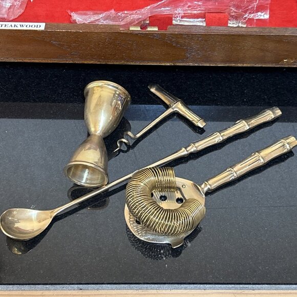 Vintage Bronzeware Cocktail Tool Kit MCM Bamboo Bar Set Teak Case 9 pc Thailand - Picture 3 of 14